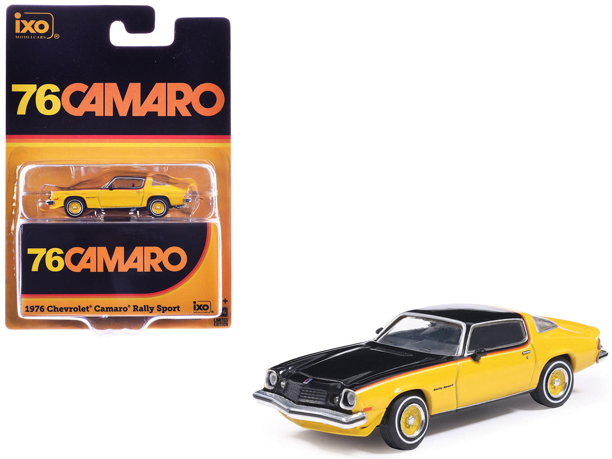 1976 Chevrolet Camaro Rally Sport 1:64 diecast by IXO Models in black and yellow with red stripes