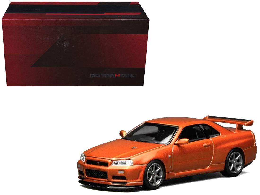 MotorHelix M63471 Nissan Skyline GT-R R34 V-Spec II Orange Metallic 1/64 diecast model