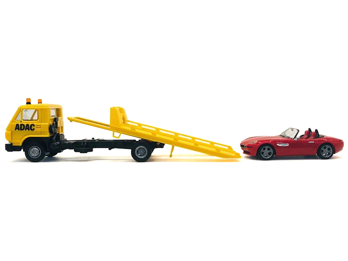 Flatbed Tow Truck "ADAC" Yellow and BMW Z4 Convertible Red Set of 2 pieces 1/87 (HO) Plastic Model Cars by Promotex - image 2