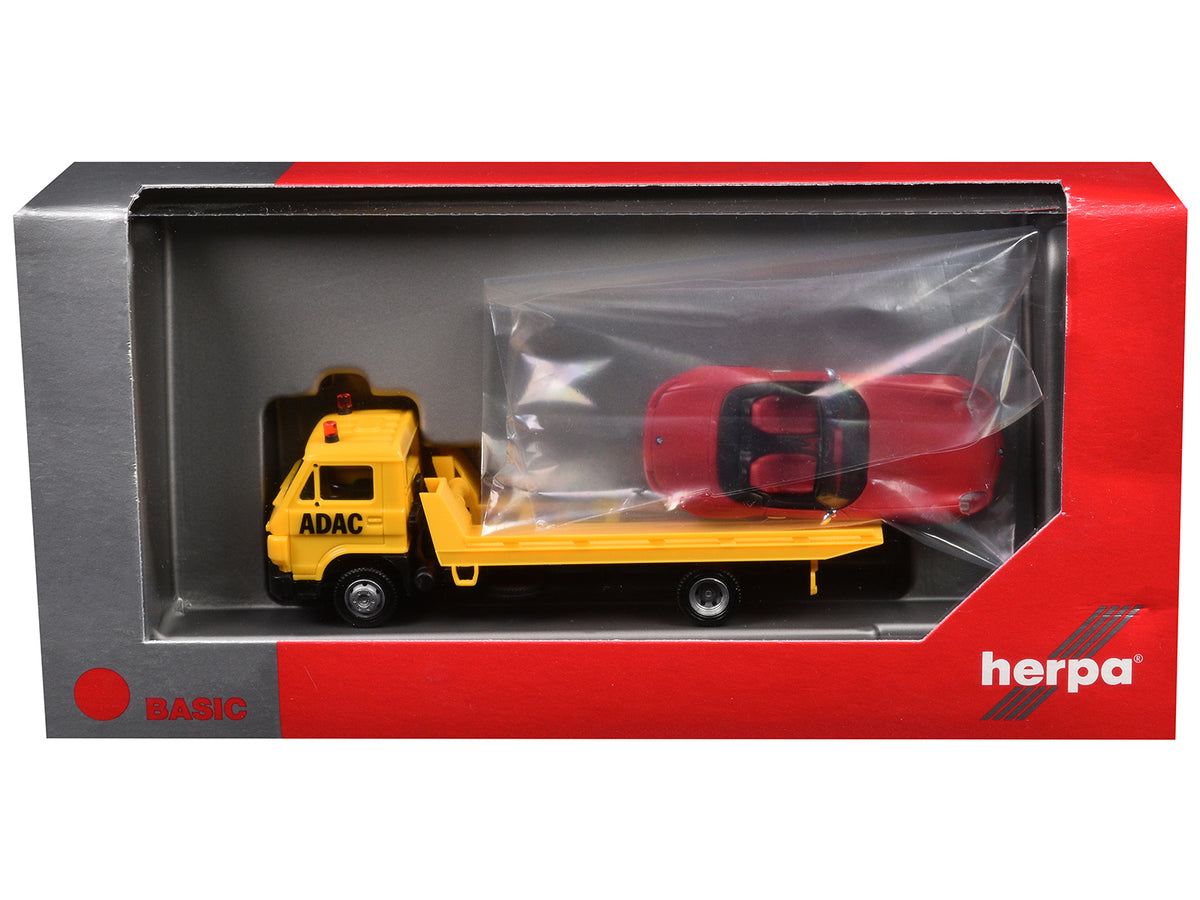 Flatbed Tow Truck "ADAC" Yellow and BMW Z4 Convertible Red Set of 2 pieces 1/87 (HO) Plastic Model Cars by Promotex - image 3