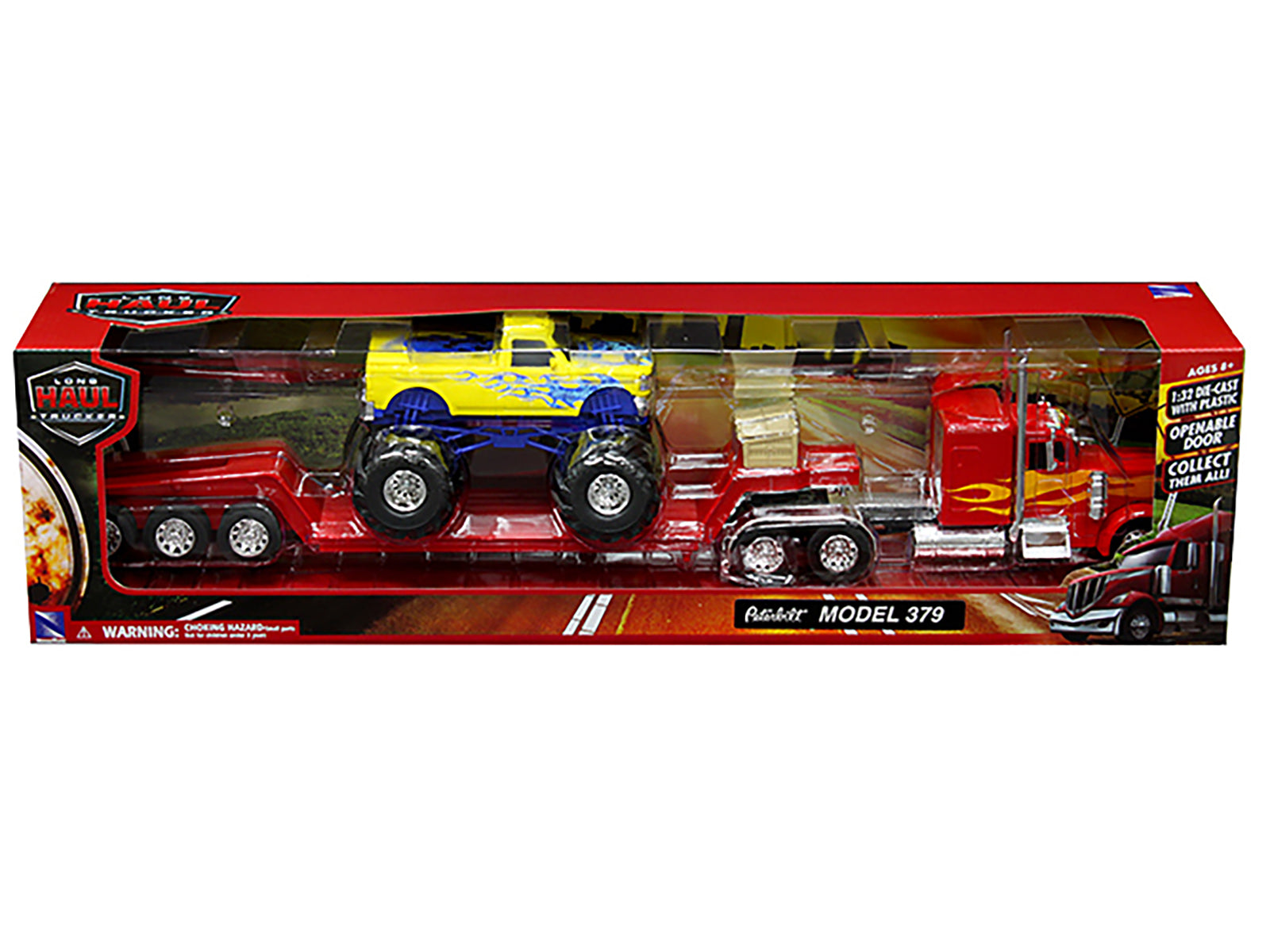 Peterbilt 379 Truck with Lowboy Trailer Red with Orange Flames and Monster Truck Yellow with Blue Flames "Long Haul Truckers" Series 1/32 Diecast Model by New Ray - image 3