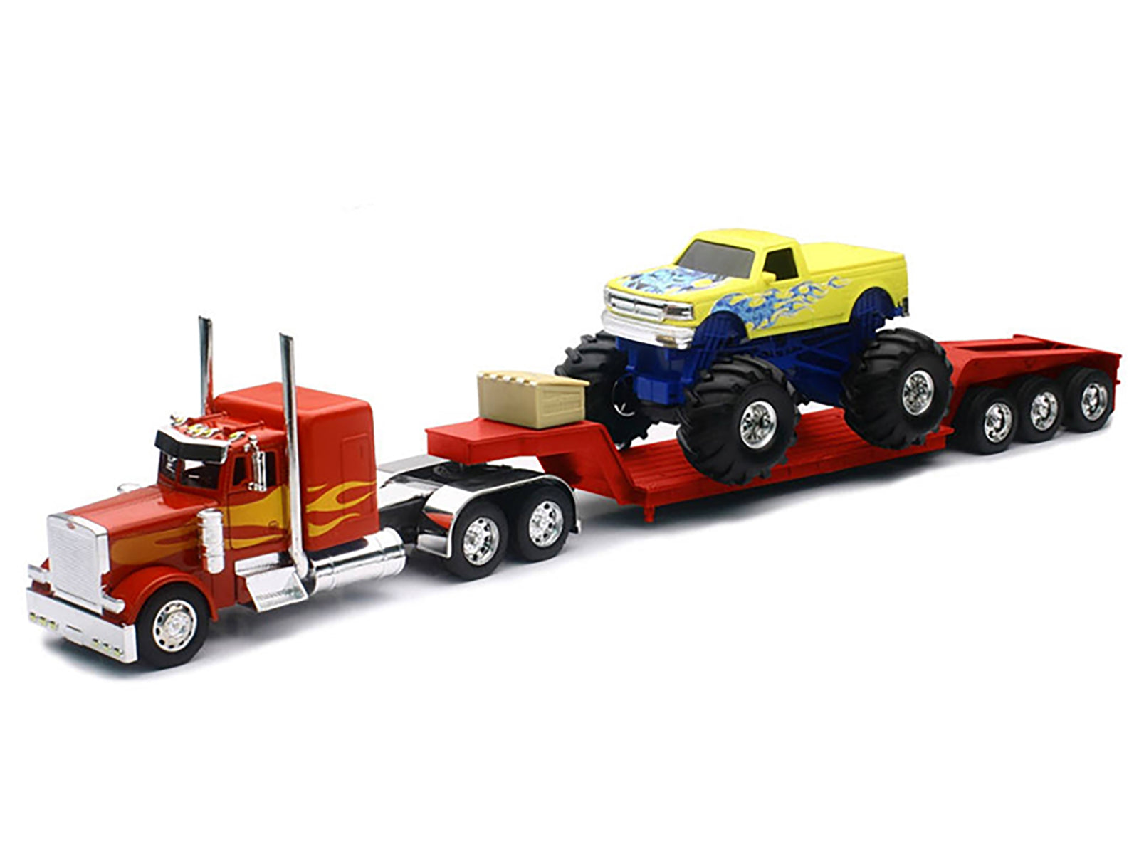 Peterbilt 379 Truck with Lowboy Trailer Red with Orange Flames and Monster Truck Yellow with Blue Flames "Long Haul Truckers" Series 1/32 Diecast Model by New Ray - image 2
