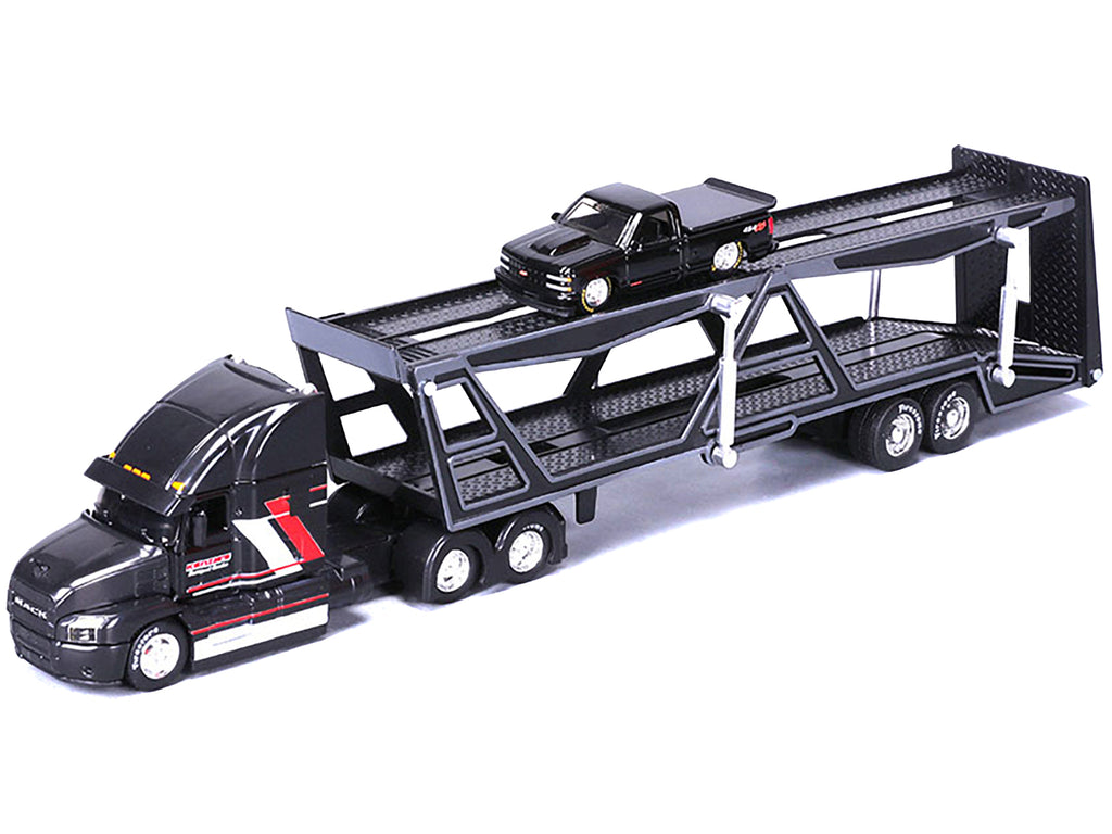 Mack Anthem Open Car Hauler Black with Red and White Stripes "Kenzie's Transport Services" and 1993 Chevrolet 454 SS Pickup Truck Black "Transporters" Series 1/64 Diecast Models by Maisto - image 2