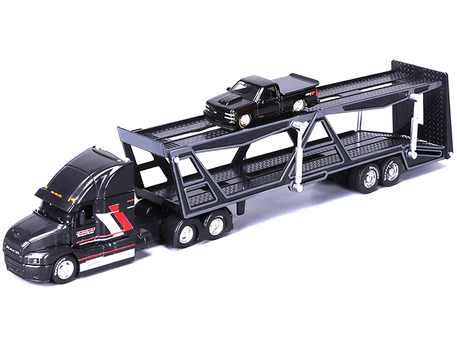 Mack Anthem Open Car Hauler Black with Red and White Stripes "Kenzie's Transport Services" and 1993 Chevrolet 454 SS Pickup Truck Black "Transporters" Series 1/64 Diecast Models by Maisto - image 2