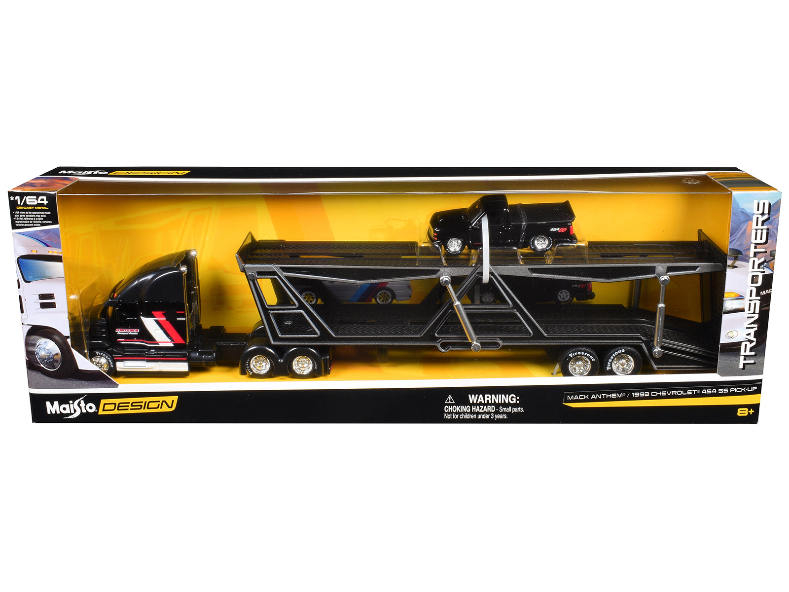 Mack Anthem Open Car Hauler Black with Red and White Stripes "Kenzie's Transport Services" and 1993 Chevrolet 454 SS Pickup Truck Black "Transporters" Series 1/64 Diecast Models by Maisto - image 3