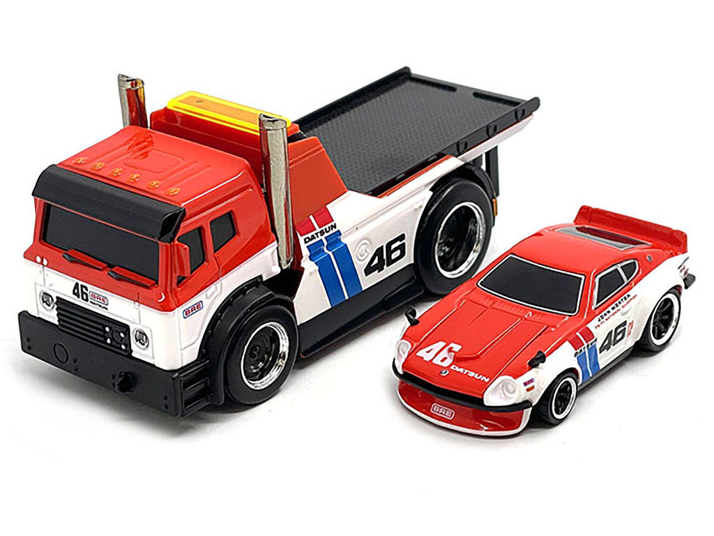 JDM Flatbed Truck #46 Red and White with Blue Stripes and 1972 Datsun 240Z #46 Red and White with Blue Stripes "BRE" "Muscle Transports" Series 1/64 Diecast Models by Muscle Machines - image 2