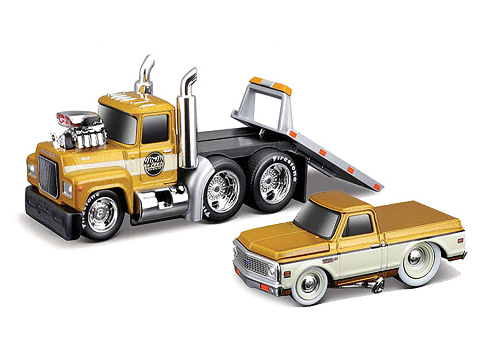 1980 Mack A685ST Flatbed Truck Gold Metallic with Beige Stripes "Madman Garage" and 1972 Chevrolet C10 Pickup Truck Gold Metallic and Beige "Muscle Transports" Series 1/64 Diecast Models by Muscle Machines - image 2