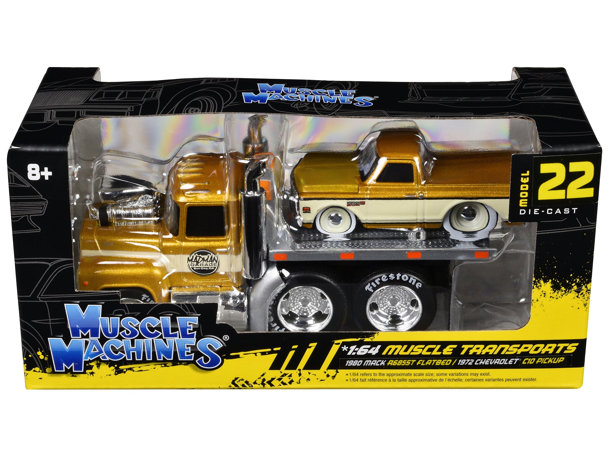 1980 Mack A685ST Flatbed Truck Gold Metallic with Beige Stripes "Madman Garage" and 1972 Chevrolet C10 Pickup Truck Gold Metallic and Beige "Muscle Transports" Series 1/64 Diecast Models by Muscle Machines - image 3