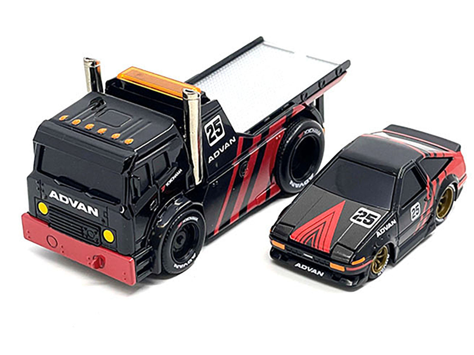 JDM Flatbed Truck #25 Black and Red and 1983-85 Toyota Trueno Sprinter (AE86) #25 Black and Red "Advan" Livery "Muscle Transports" Series 1/64 Diecast Models by Muscle Machines - image 2