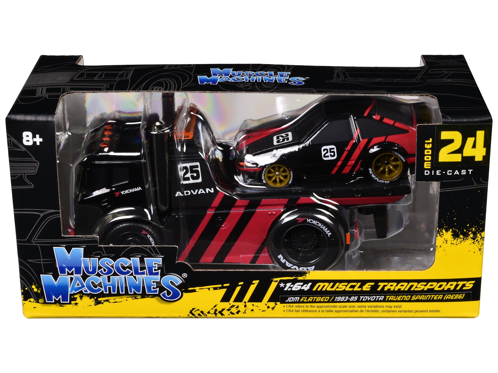 JDM Flatbed Truck #25 Black and Red and 1983-85 Toyota Trueno Sprinter (AE86) #25 Black and Red "Advan" Livery "Muscle Transports" Series 1/64 Diecast Models by Muscle Machines - image 3