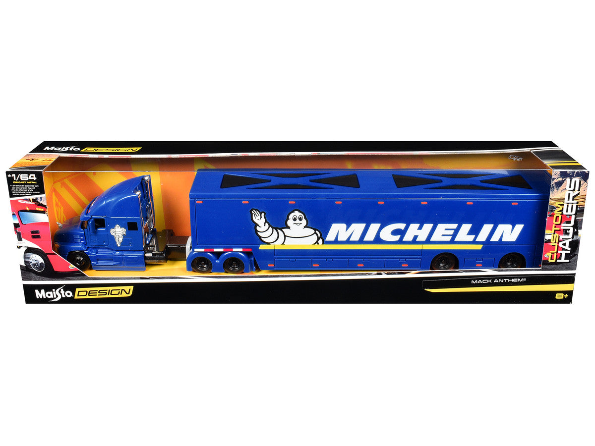 Mack Anthem Enclosed Car Transporter "Michelin" Blue Custom Haulers 1/64 Diecast Model by Maisto