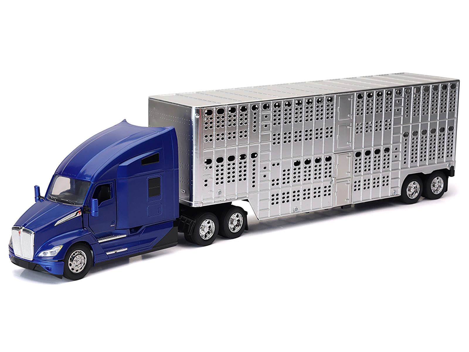 Kenworth T680 Truck Blue Metallic with Livestock Trailer Chrome "Long Haul Trucker" Series 1/32 Diecast Model by New Ray - image 2
