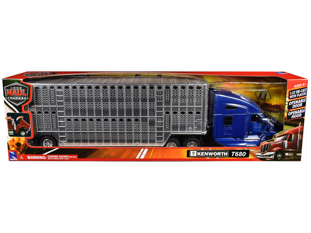 Kenworth T680 Truck Blue Metallic with Livestock Trailer Chrome "Long Haul Trucker" Series 1/32 Diecast Model by New Ray - image 3