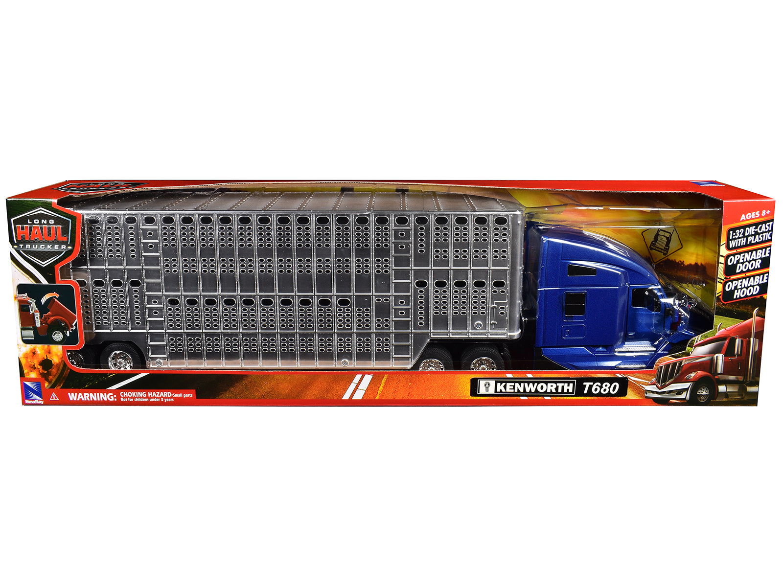 Kenworth T680 Truck Blue Metallic with Livestock Trailer Chrome "Long Haul Trucker" Series 1/32 Diecast Model by New Ray - image 3