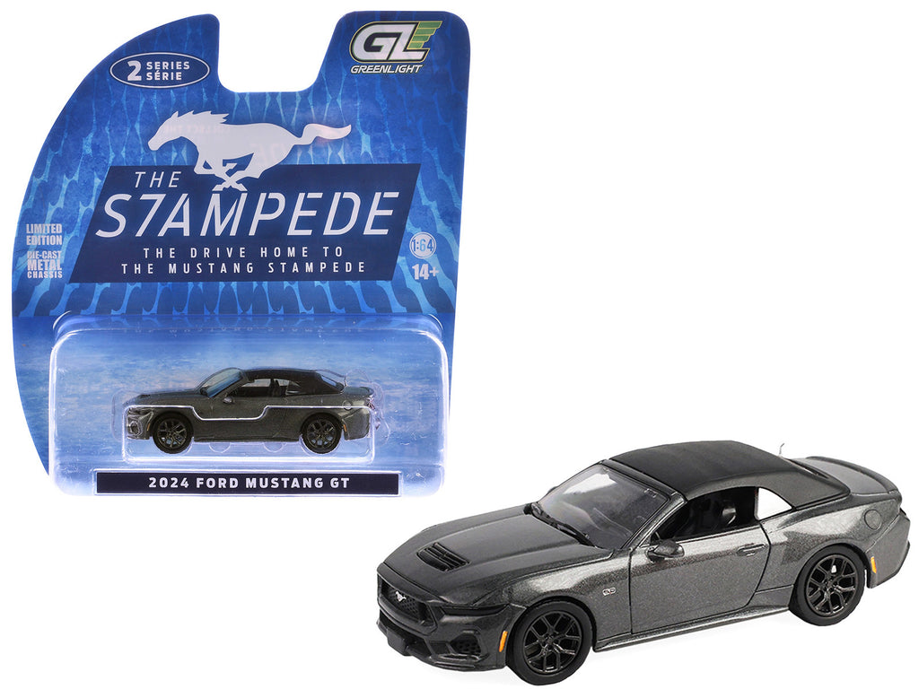 2024 Ford Mustang GT 5.0 Convertible Dark Matter Gray Metallic with Black Soft Top "Stampede" Series 2 1/64 Diecast Model Car by Greenlight