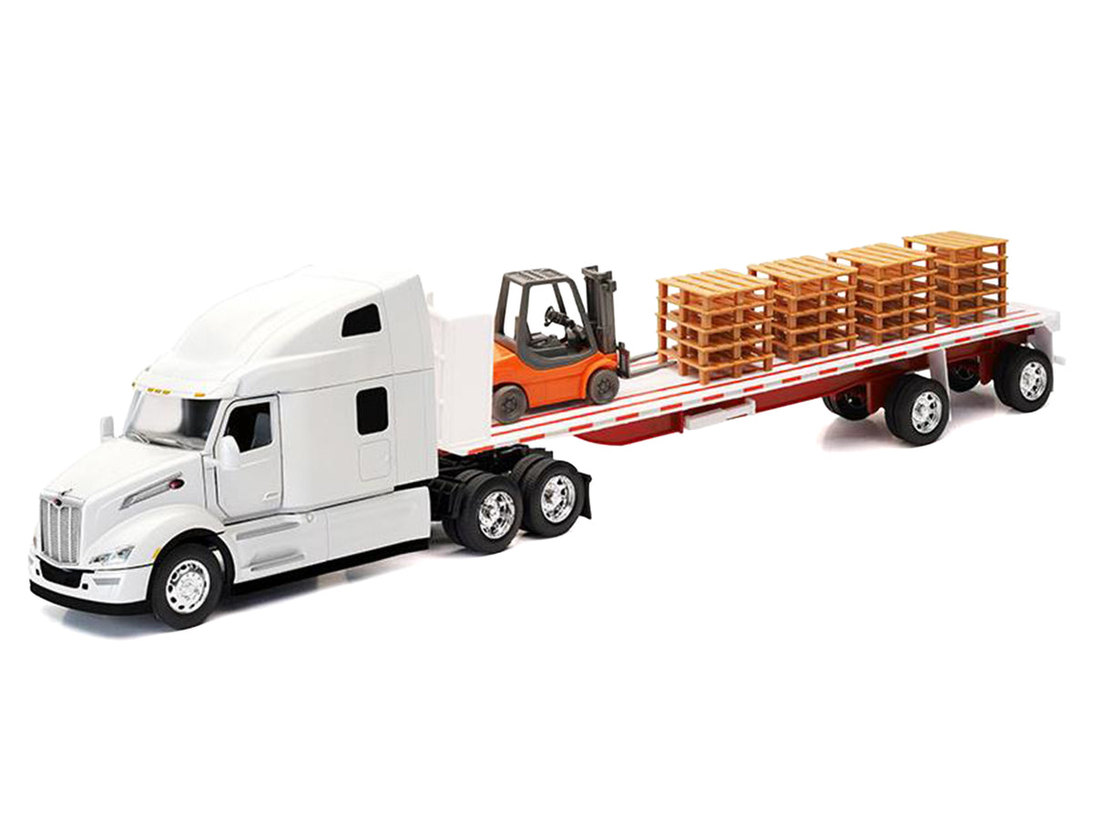 Peterbilt 579 Truck White with Flatbed Trailer White and Load of Forklift and Pallets "Long Haul Truckers" Series 1/32 Diecast Model by New Ray - image 2