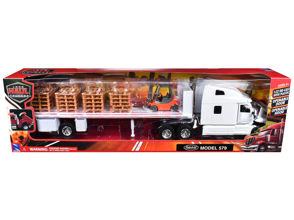 Peterbilt 579 Truck White with Flatbed Trailer White and Load of Forklift and Pallets "Long Haul Truckers" Series 1/32 Diecast Model by New Ray - image 3