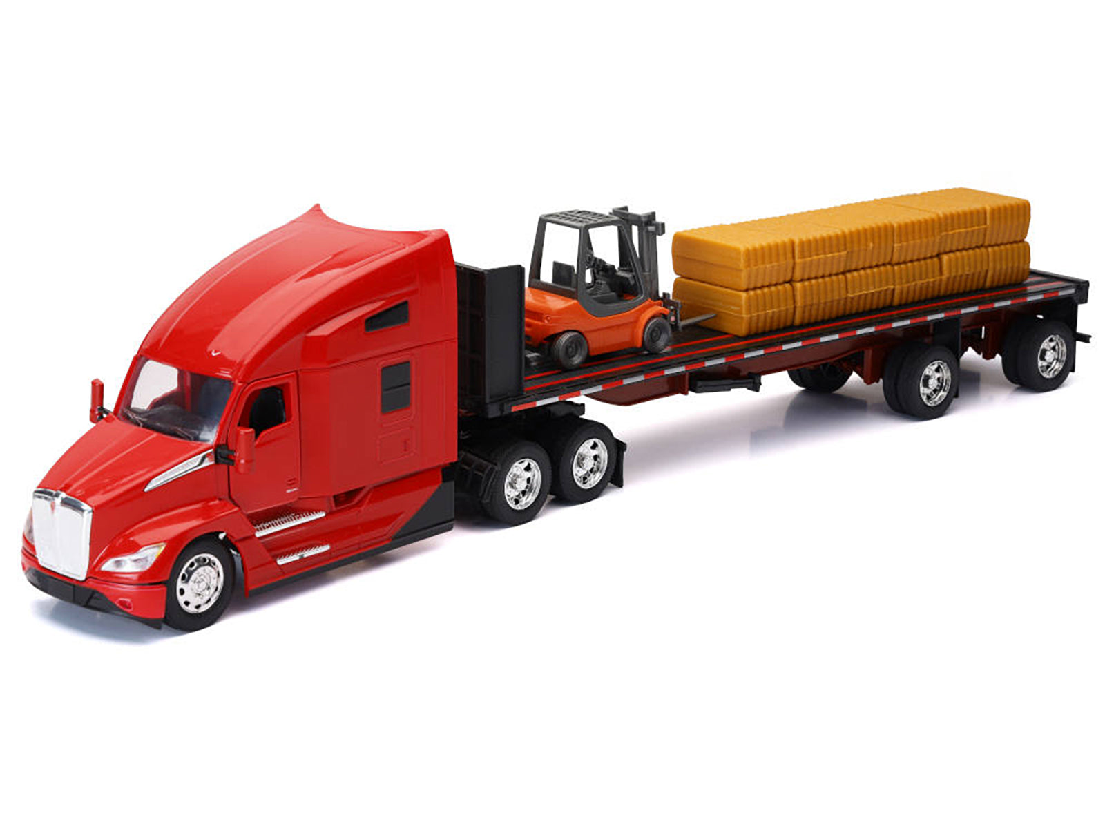 Kenworth T680 Truck Red and Flatbed Trailer with Forklift and Hay Load "Long Haul Trucker" Series 1/32 Diecast Model by New Ray - image 2