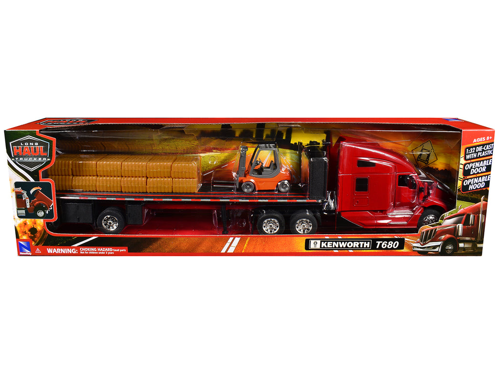 Kenworth T680 Truck Red and Flatbed Trailer with Forklift and Hay Load "Long Haul Trucker" Series 1/32 Diecast Model by New Ray - image 3
