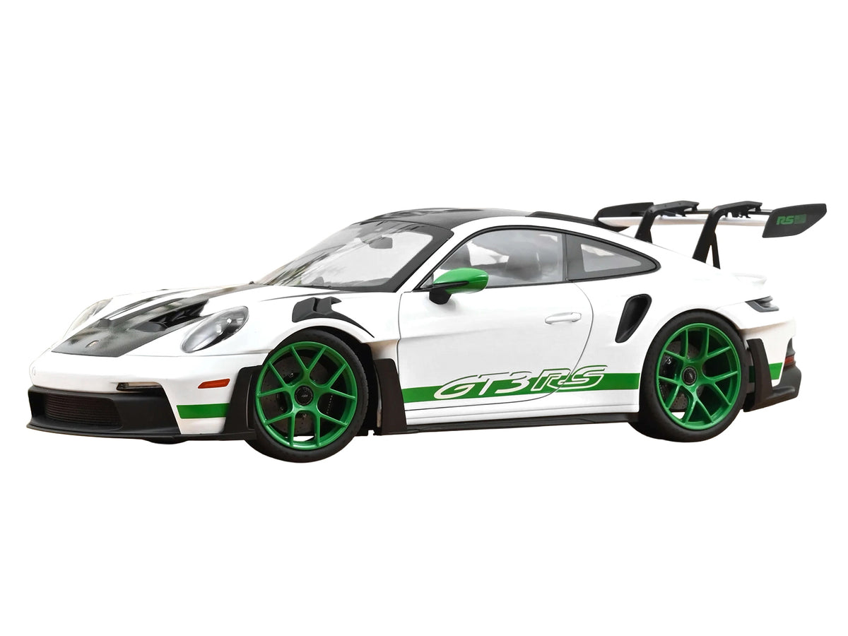 2022 Porsche 911 GT3 RS with Weissach Pack "Tribute to Carrera RS" White with Carbon Hood and Top and Python Green Stripes 1/12 Diecast Model Car by Norev - image 2