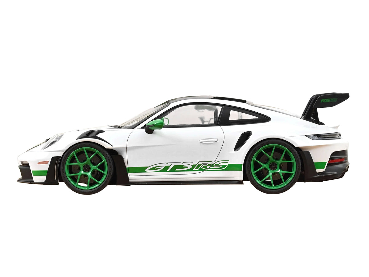 2022 Porsche 911 GT3 RS with Weissach Pack "Tribute to Carrera RS" White with Carbon Hood and Top and Python Green Stripes 1/12 Diecast Model Car by Norev - image 4