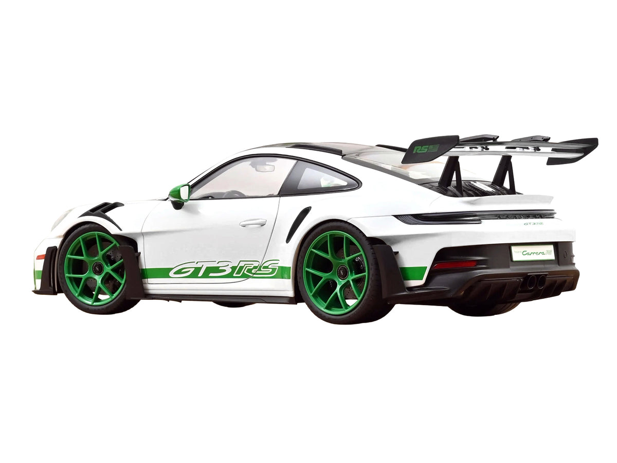 2022 Porsche 911 GT3 RS with Weissach Pack "Tribute to Carrera RS" White with Carbon Hood and Top and Python Green Stripes 1/12 Diecast Model Car by Norev - image 5