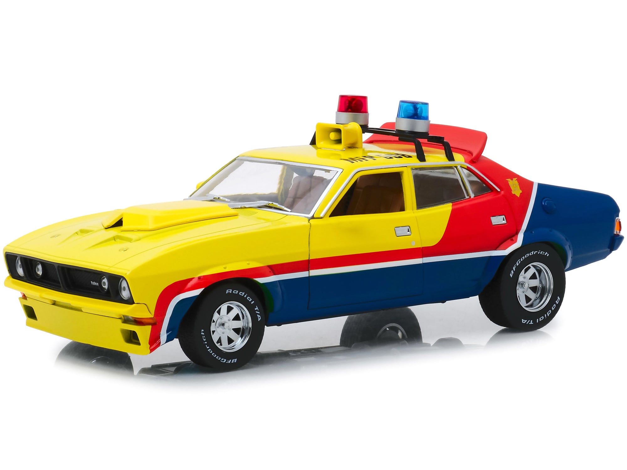 1974 Ford Falcon XB 4-Door Sedan RHD (Right Hand Drive) Yellow and Blue with Red Stripes "MFP 508" "First of the V8 Interceptors" (1979) Movie 1/18 Diecast Model Car by Greenlight - image 3