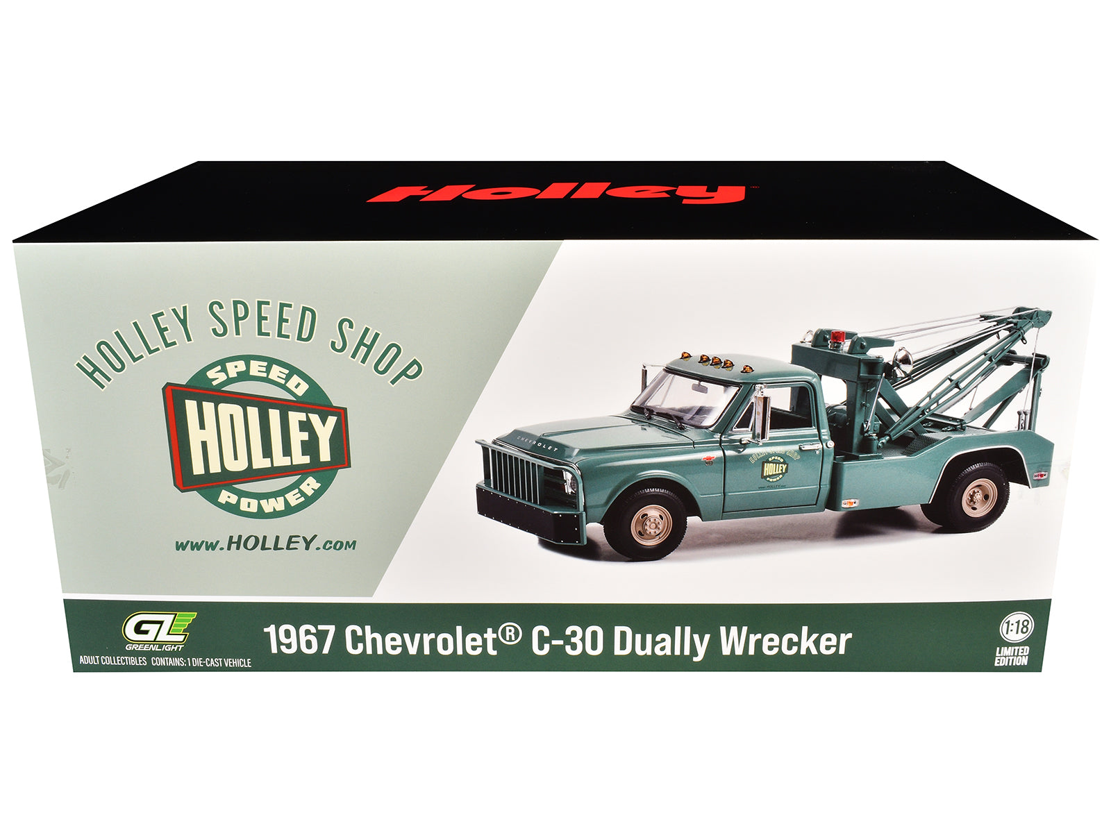 1967 Chevrolet C-30 Dually Wrecker Tow Truck "Holley Speed Shop" Green 1/18 Diecast Model Car by Greenlight - image 3
