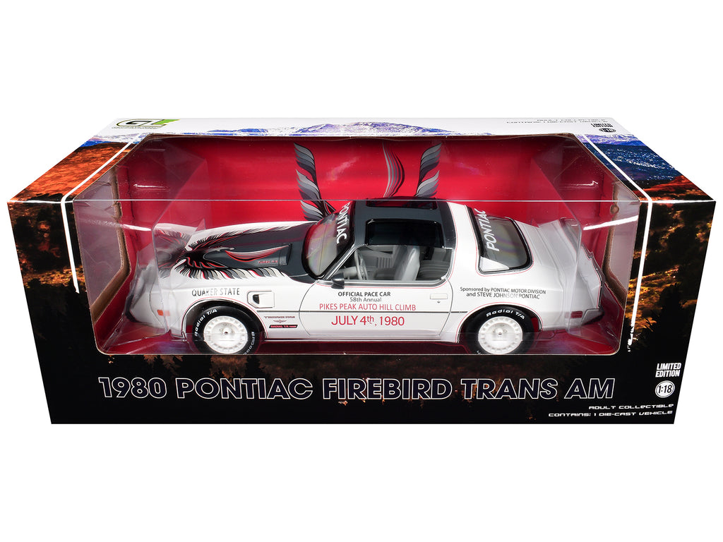 1980 Pontiac Firebird Trans Am "Official Pace Car 58th Annual Pikes Peak Auto Hill Climb" White with Gray T-Top and Graphics 1/18 Diecast Model Car by Greenlight