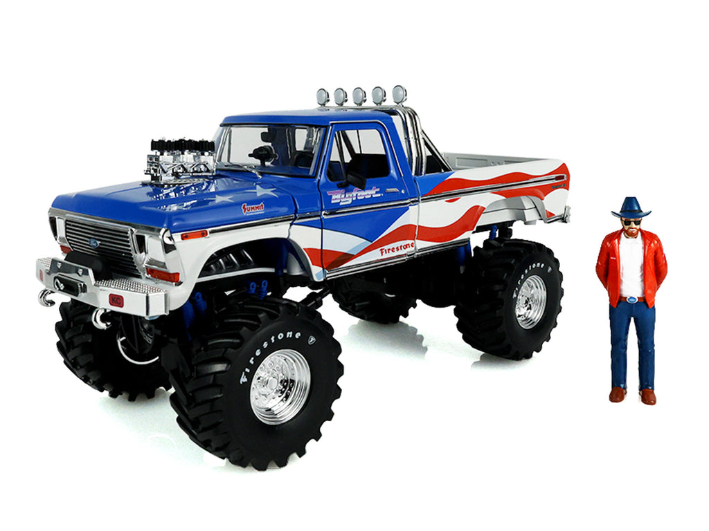 1979 Ford F-250 Monster Truck "Bigfoot USA 250 Tribute" Blue with USA Flag Graphics and Bob Chandler Standing Figure "Kings of Crunch" Series 1/18 Diecast Model Car by Greenlight - image 2