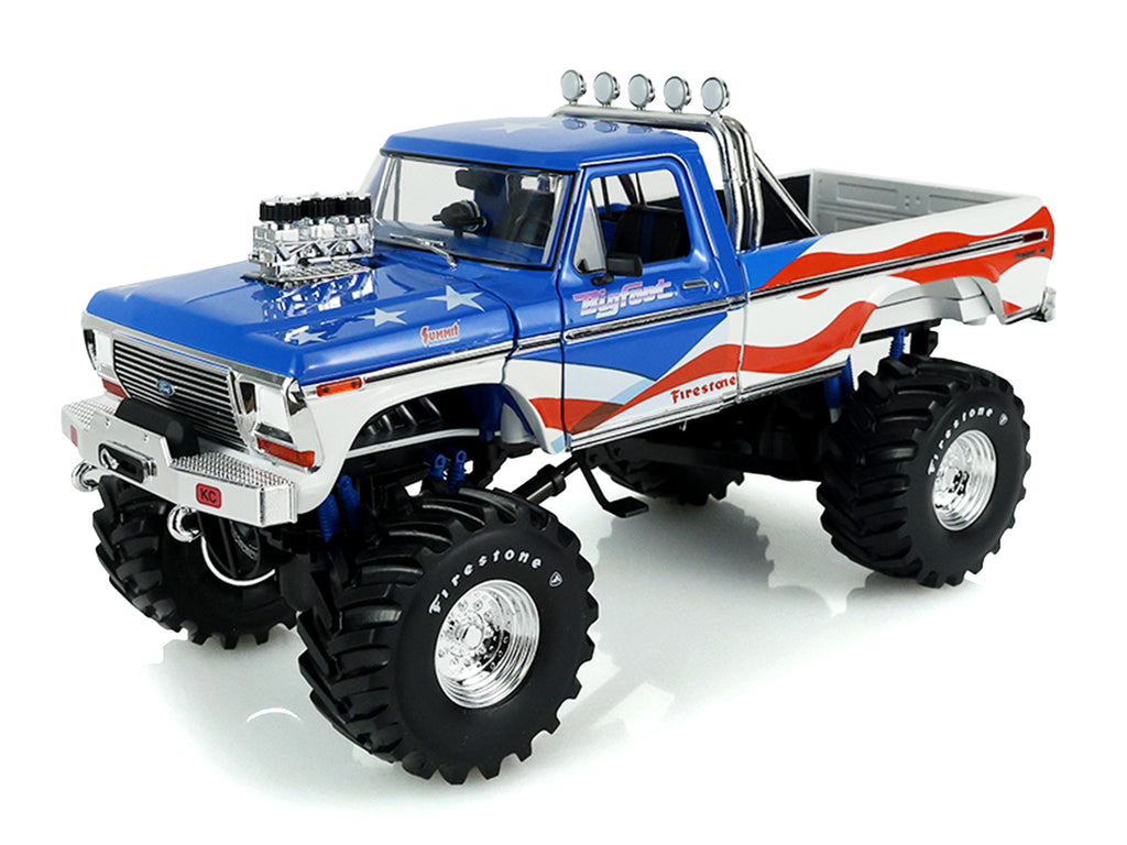 1979 Ford F-250 Monster Truck "Bigfoot USA 250 Tribute" Blue with USA Flag Graphics and Bob Chandler Standing Figure "Kings of Crunch" Series 1/18 Diecast Model Car by Greenlight - image 3