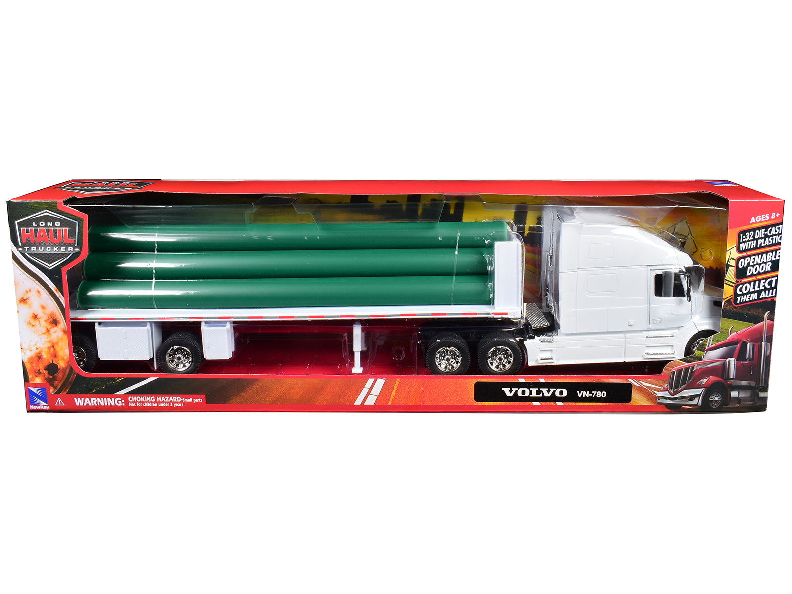 Volvo VN-780 Truck with Flatbed Trailer and Long Pipes White "Long Haul Truckers" Series 1/32 Diecast Model by New Ray - image 3