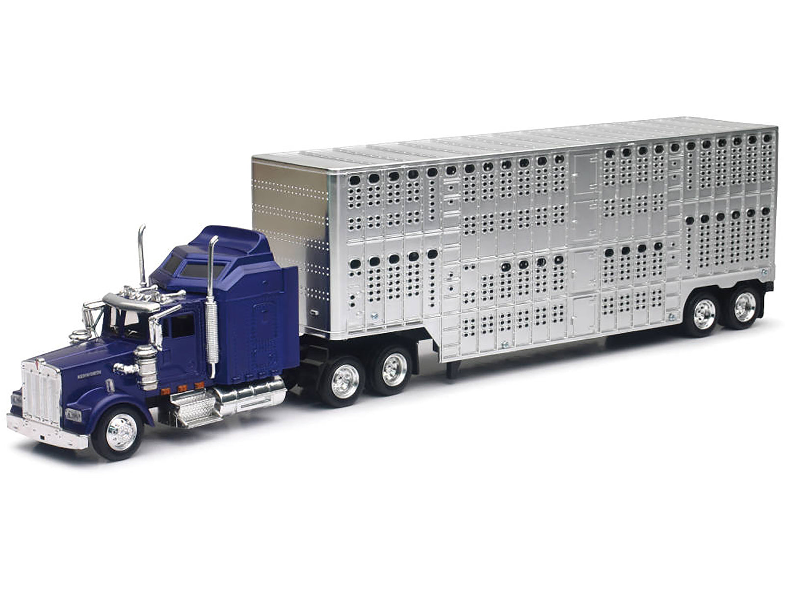 Kenworth W900 Truck Blue with Potbelly Livestock Trailer Chrome "Long Haul Truckers" Series 1/43 Diecast Model by New Ray - image 2