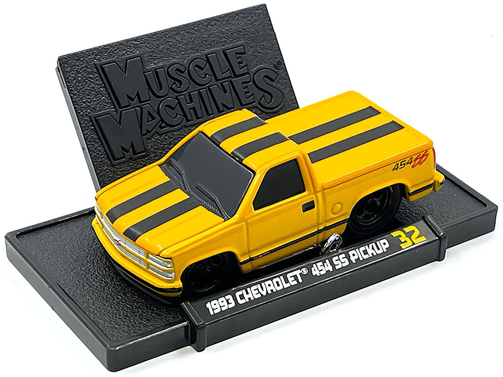 1993 Chevrolet 454 SS Pickup Truck Yellow with Black Stripes 1/64 Diecast Model Car by Muscle Machines - image 3