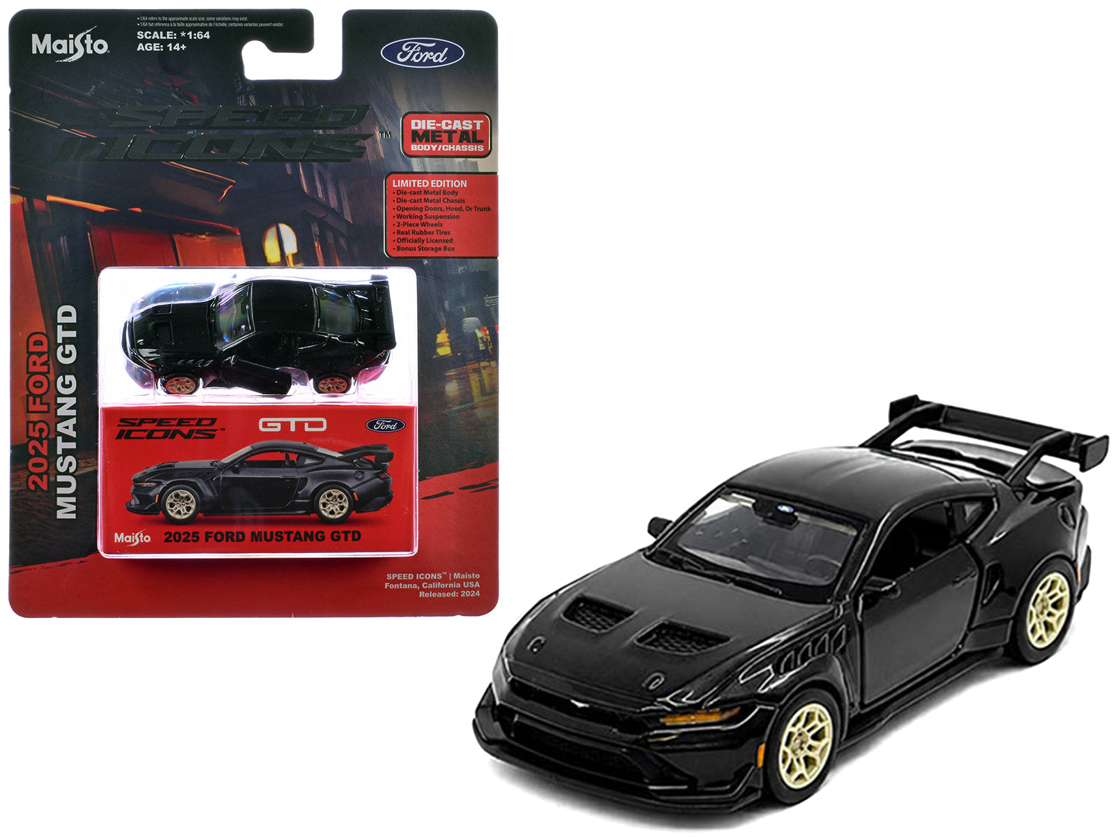 2025 Ford Mustang GTD Black Metallic "Speed Icons" Series 1/64 Diecast Model Car by Maisto