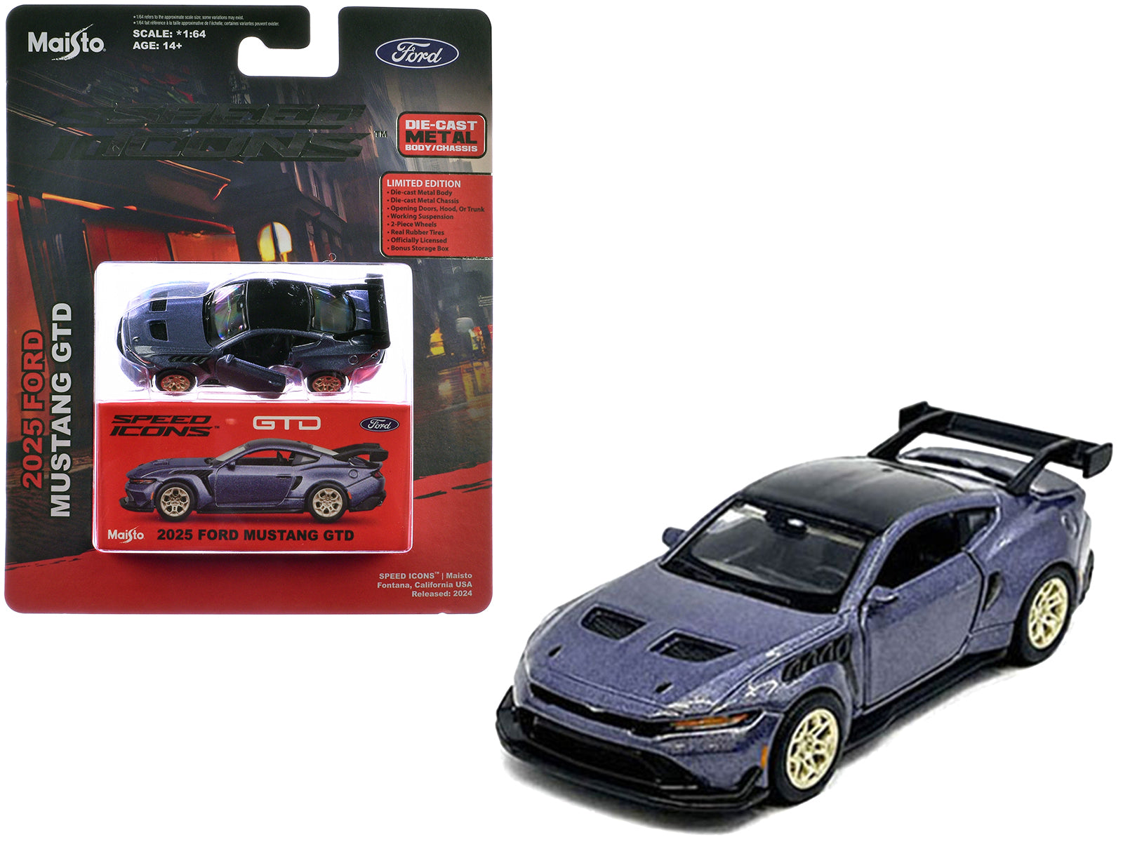 2025 Ford Mustang GTD Purple Metallic with Black Top "Speed Icons" Series 1/64 Diecast Model Car by Maisto