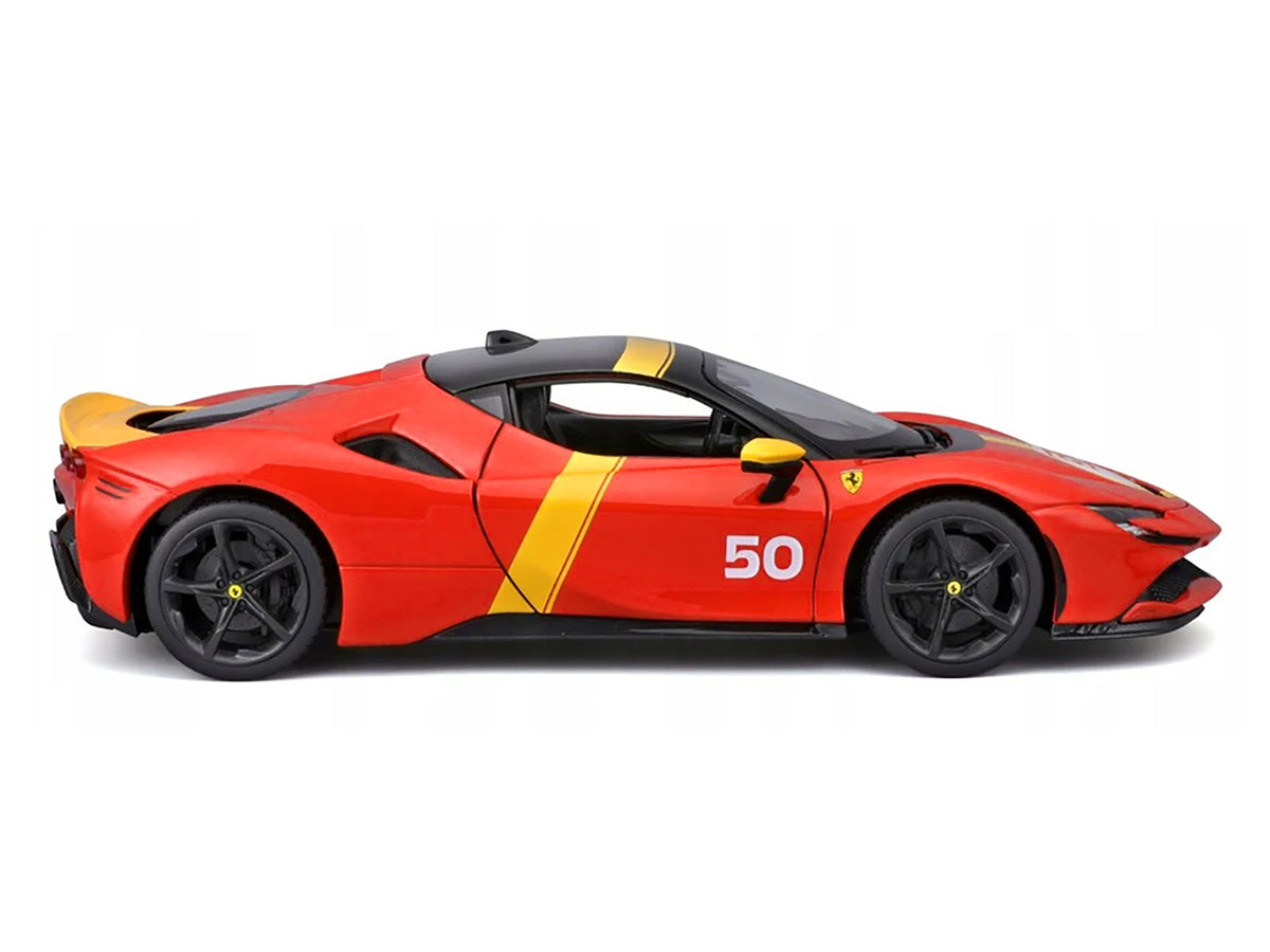 Ferrari SF90 Stradale Assetto Fiorano #50 Red with Black Top and Yellow Stripes "Race + Play" Series 1/18 Diecast Model Car by Bburago - image 3