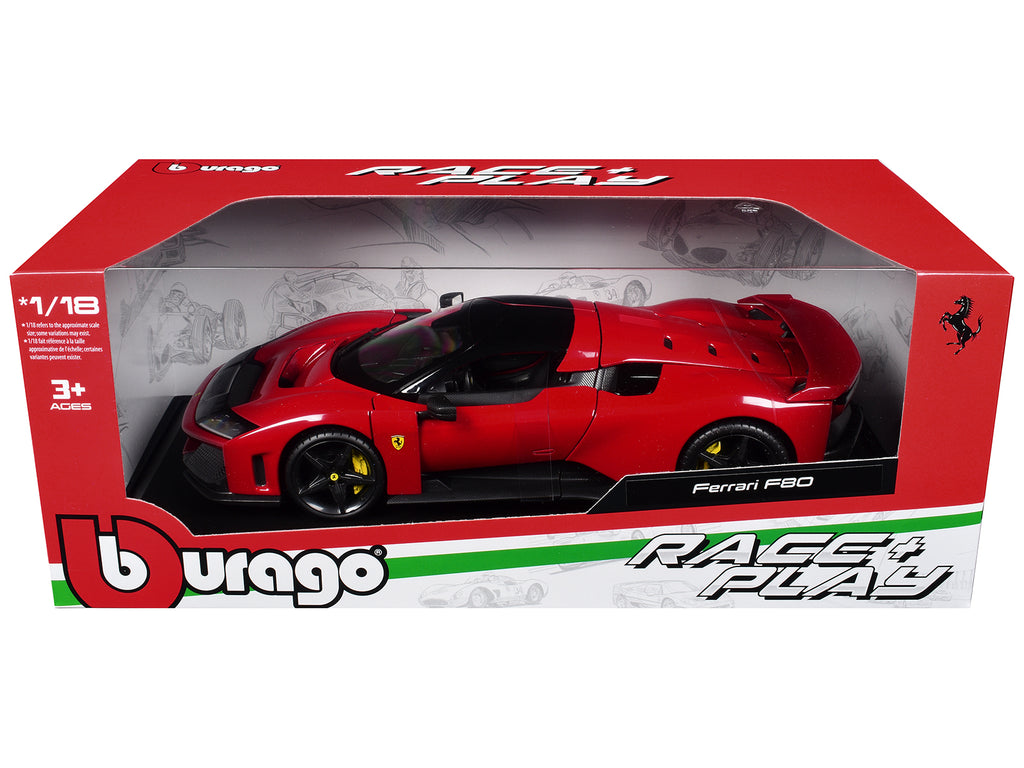 Ferrari F80 Red with Black Top "Race + Play" Series 1/18 Diecast Model Car by Bburago - image 3
