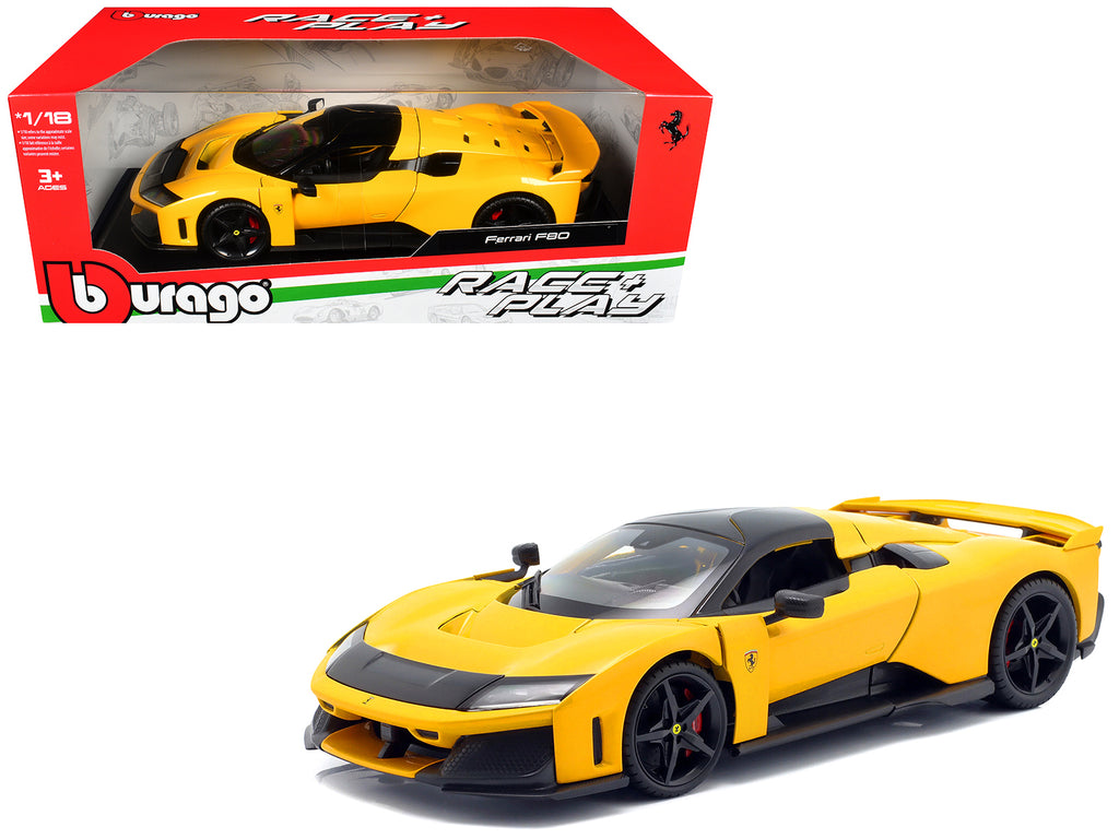 Ferrari F80 Yellow with Black Top "Race + Play" Series 1/18 Diecast Model Car by Bburago