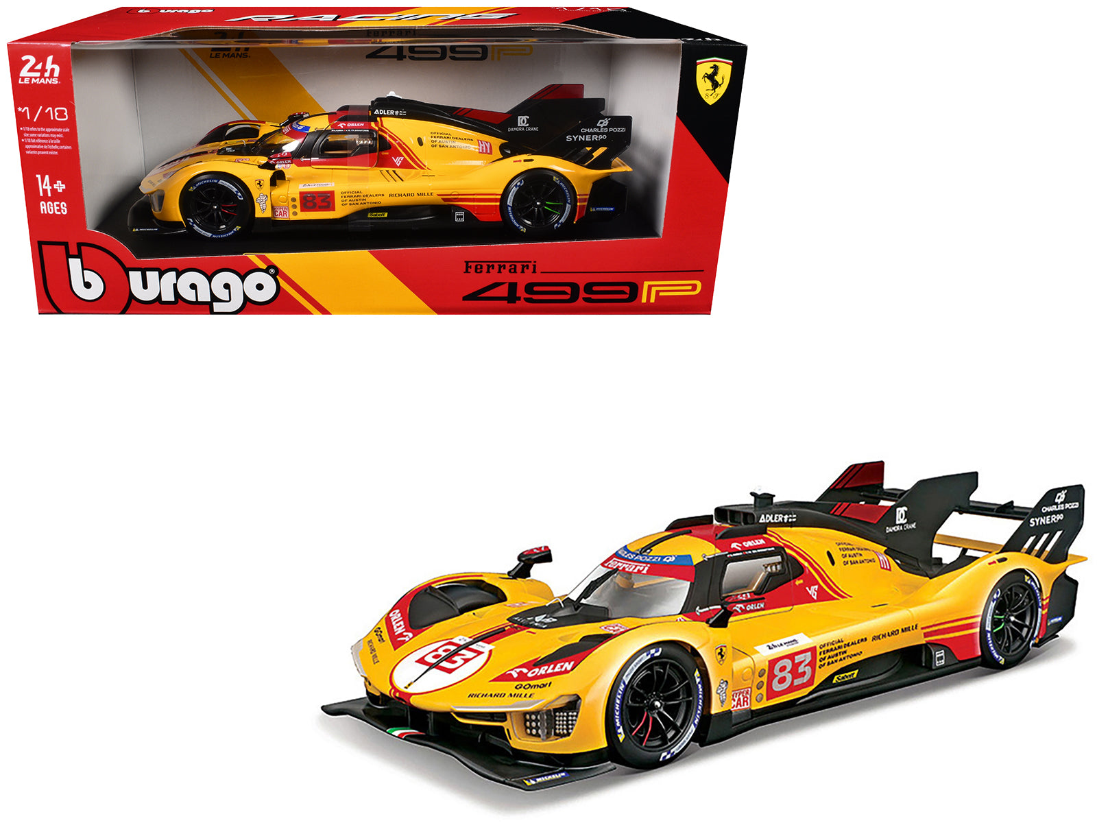 Ferrari 499P #83 Robert Kubica - Robert Shwartzman - Yifei Ye "Ferrari AF Corse" "24 Hours of Le Mans" (2024) "Racing" Series 1/18 Diecast Model Car by Bburago
