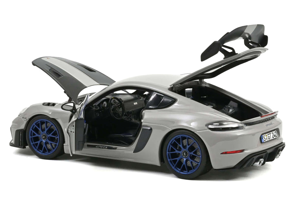 2023 Porsche Cayman GT4 RS Weissach Pack Chalk Gray with Carbon Hood Stripes 1/18 Diecast Model Car by Norev - image 2