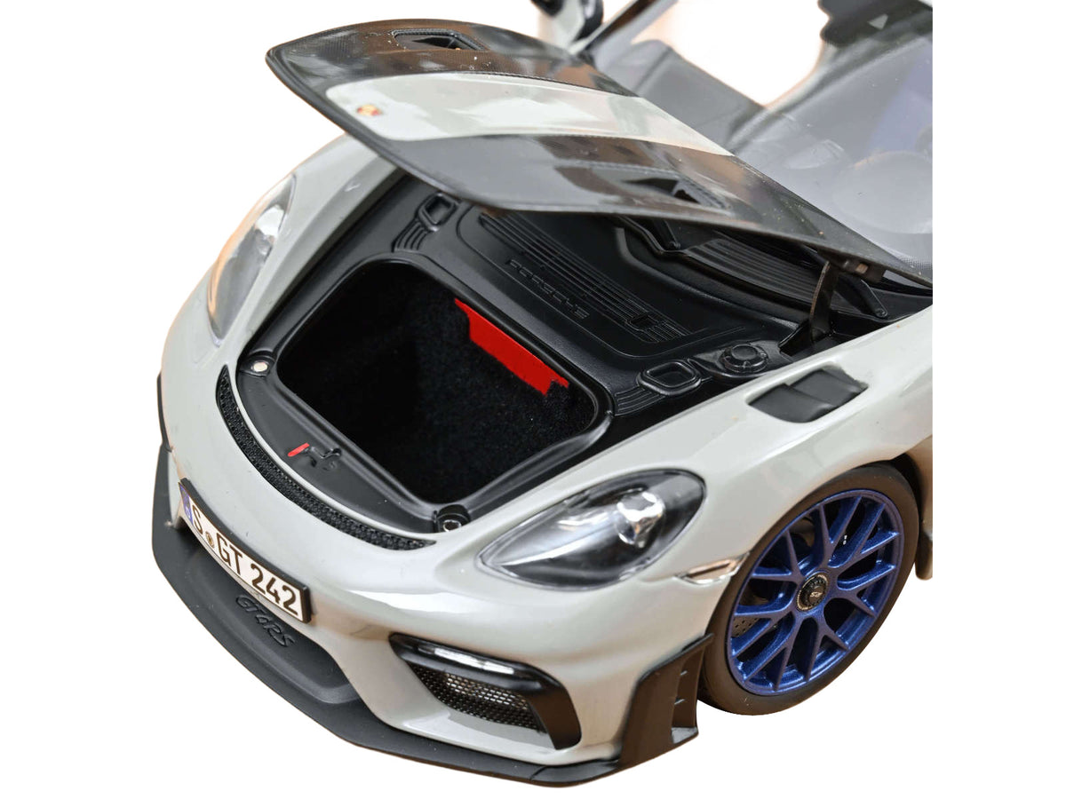 2023 Porsche Cayman GT4 RS Weissach Pack Chalk Gray with Carbon Hood Stripes 1/18 Diecast Model Car by Norev - image 3