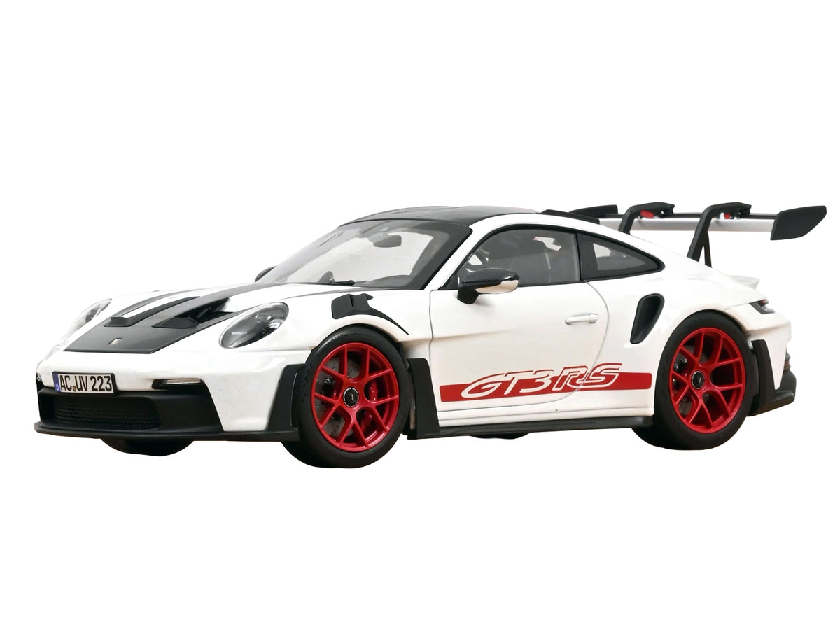 2022 Porsche 911 GT3 RS with Weissach Pack White with Carbon Hood and Top and Pyro Red Stripes and Wheels 1/18 Diecast Model Car by Norev - image 2