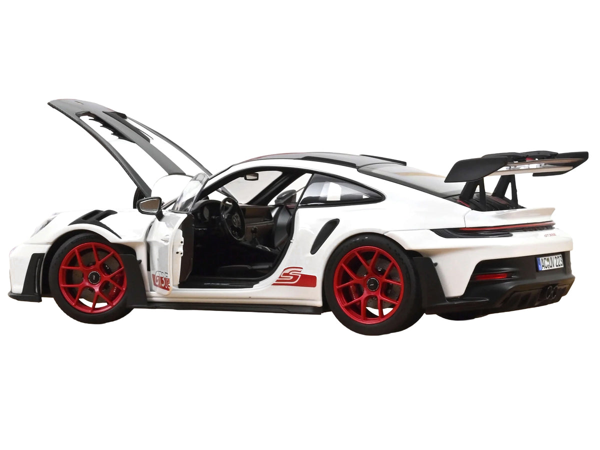 2022 Porsche 911 GT3 RS with Weissach Pack White with Carbon Hood and Top and Pyro Red Stripes and Wheels 1/18 Diecast Model Car by Norev - image 3