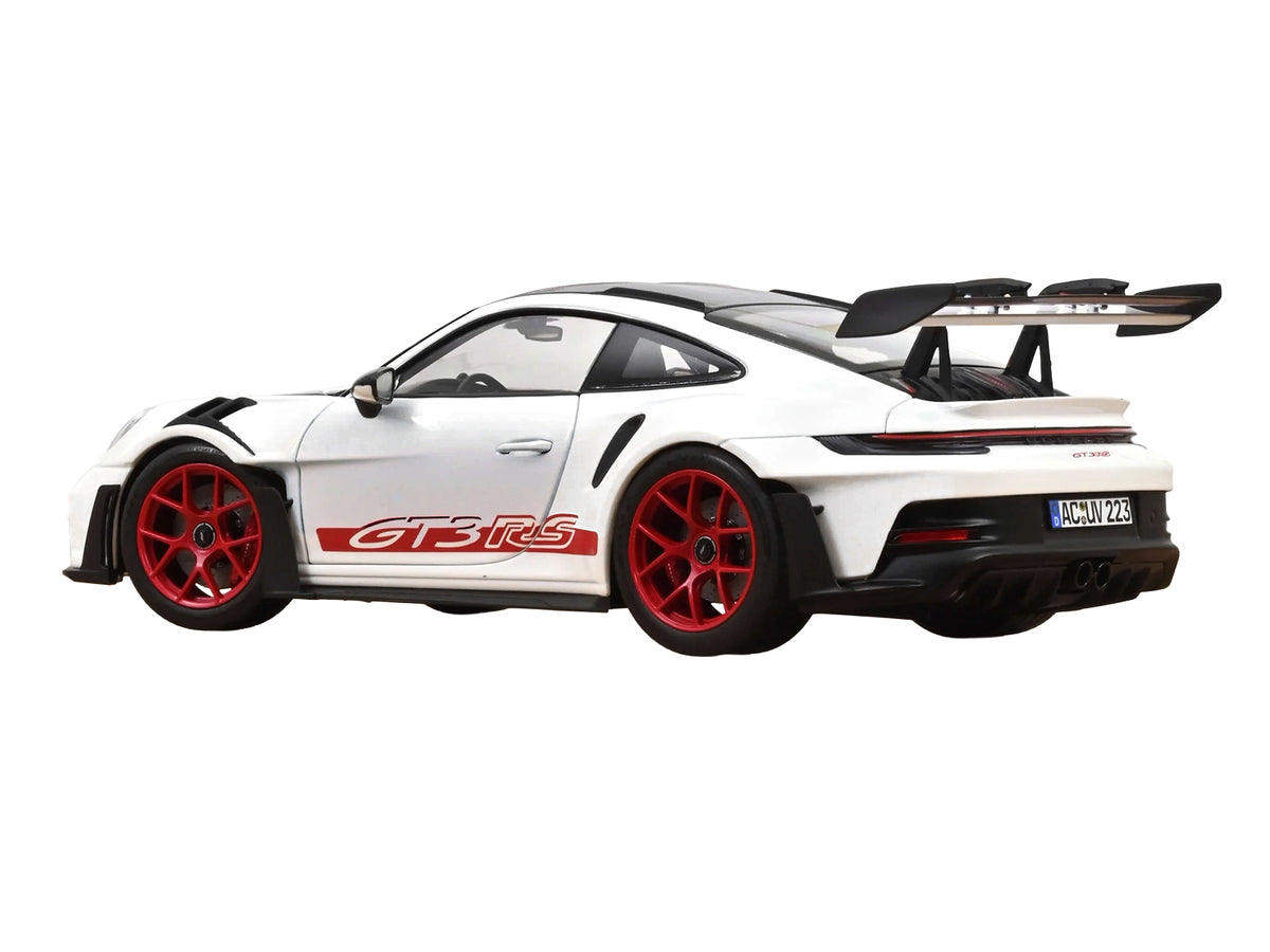 2022 Porsche 911 GT3 RS with Weissach Pack White with Carbon Hood and Top and Pyro Red Stripes and Wheels 1/18 Diecast Model Car by Norev - image 4