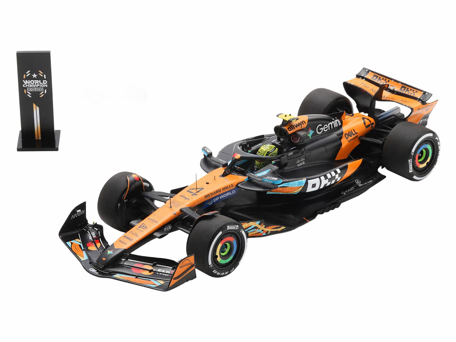 McLaren MCL39 #4 Lando Norris 3rd Place Formula One F1 "Abu Dhabi GP GP" (2025) "Drivers' World Champion 2025" with Pit Board and Acrylic Display Case 1/18 Model Car by Spark