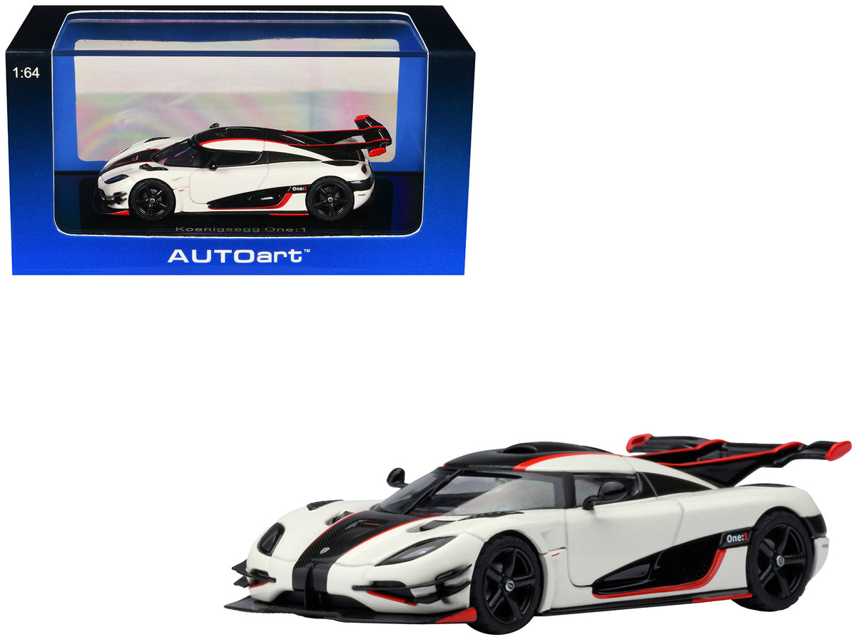 Koenigsegg One:1 Pebble White with Carbon and Red Stripes 1/64 Model Car by Autoart