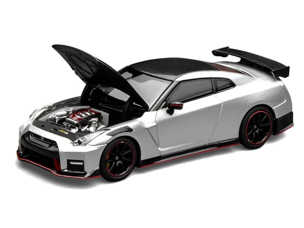 2022 Nissan GT-R Nismo (R35) RHD (Right Hand Drive) Ultimate Metal Silver Metallic with Carbon Hood and Top "Senior 64" Series 1/64 Diecast Model Car by MotorHelix