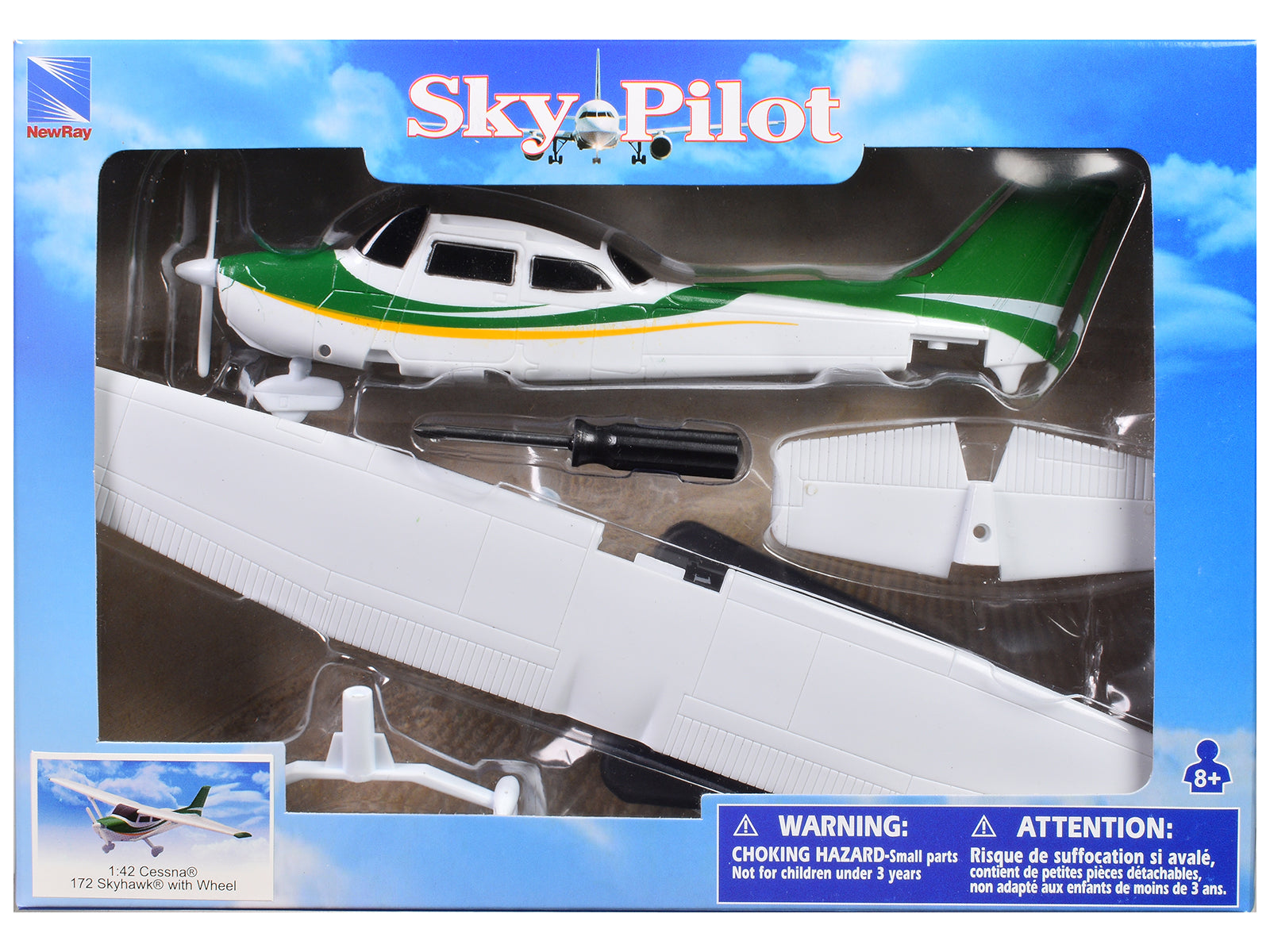 Model Kit Cessna 172 Skyhawk Aircraft White with Green and Yellow Stripes "Sky Pilot" Series 1/42 Plastic Model Kit by New Ray - image 3