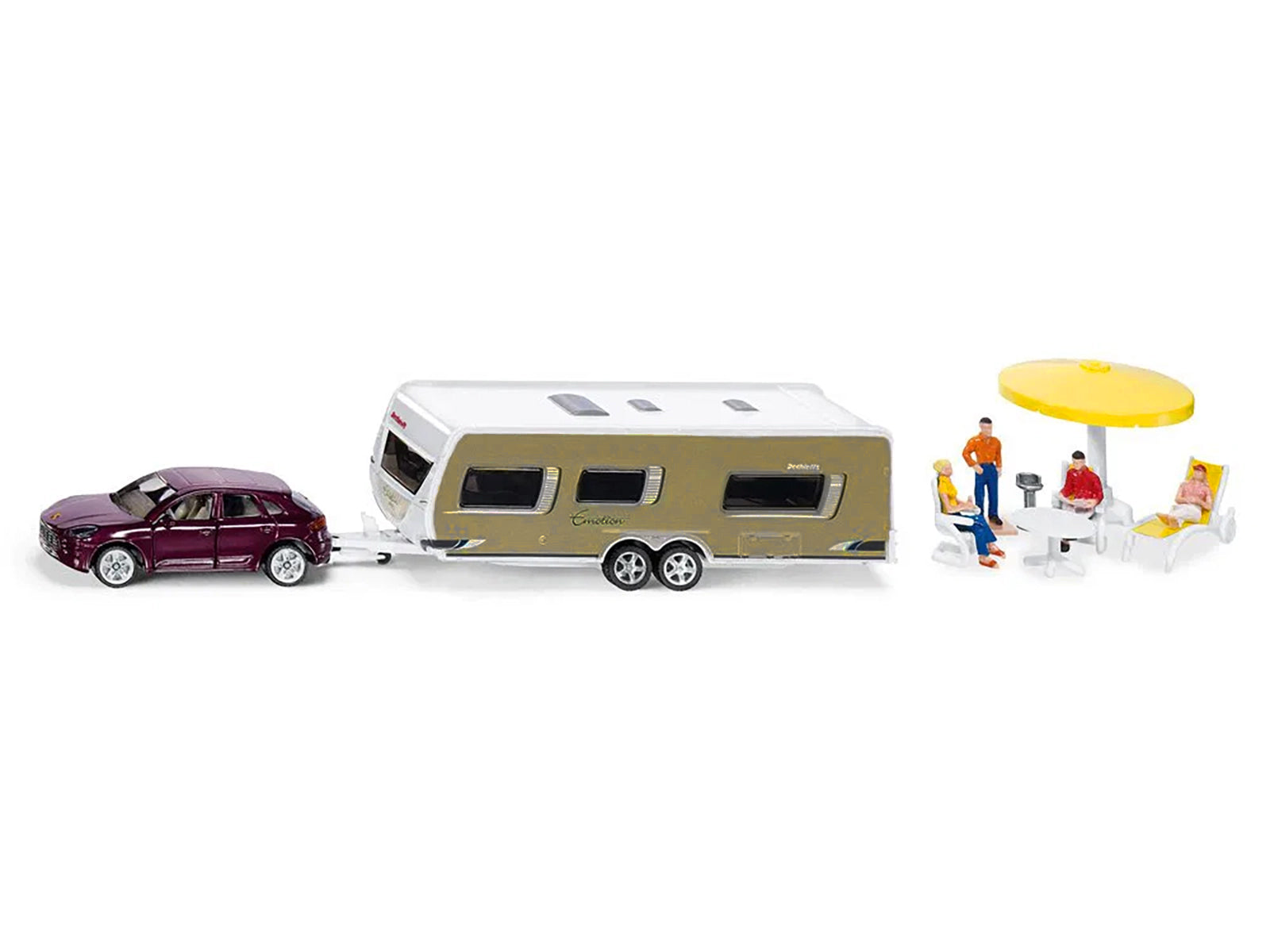 Porsche Macan Turbo Maroon Metallic and Dethleffs Exclusiv Emotion Caravan with Figures and Camp Accessories Set 1/55 Diecast Model by Siku - image 4